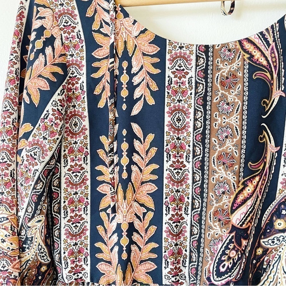Sage open-back Boho Festival Long-sleeve Dress Paisley A-line Sheath Mini M - Picture 7 of 11